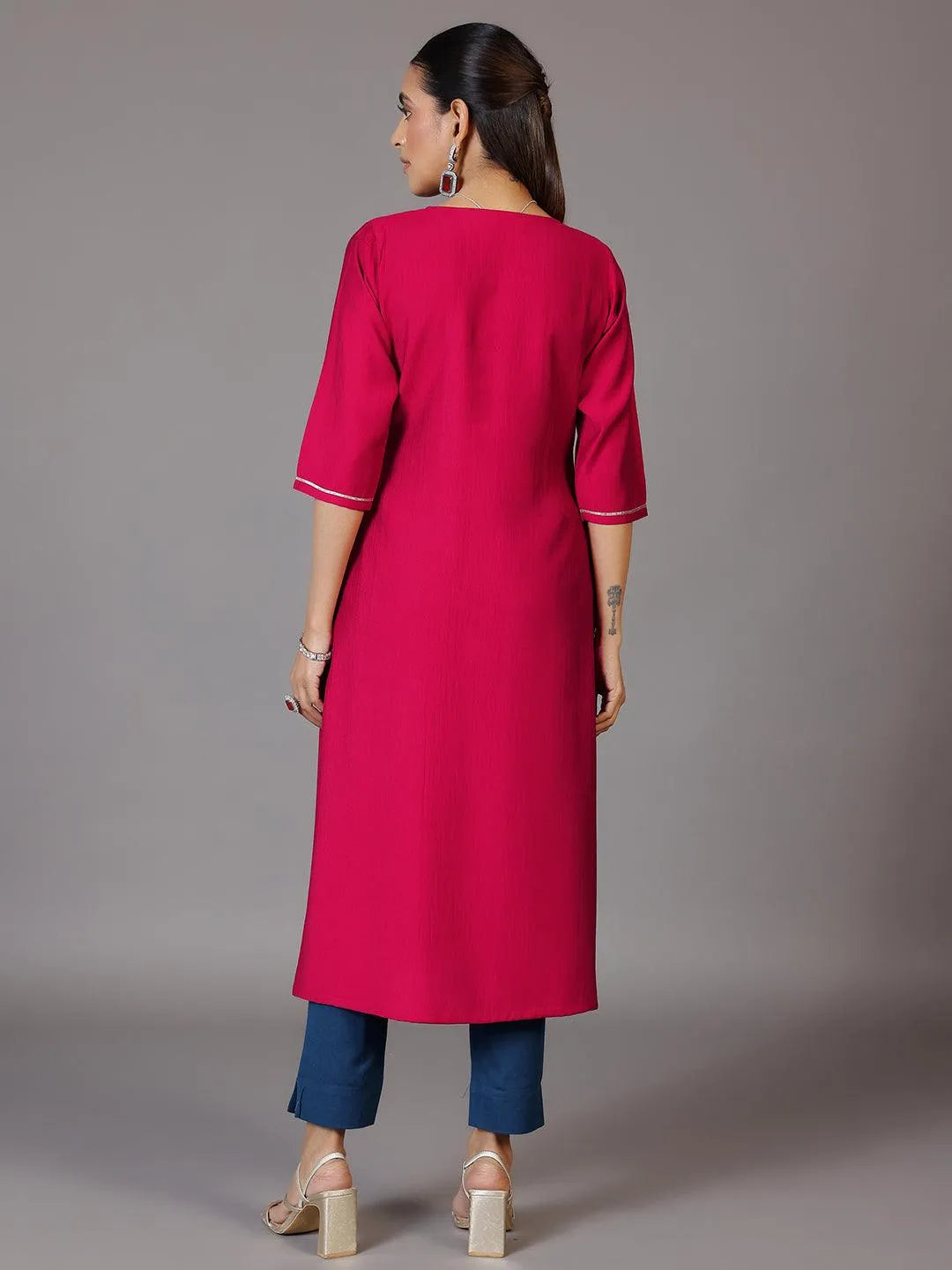 Pink Yoke Design Silk Straight Kurta - Libas 
