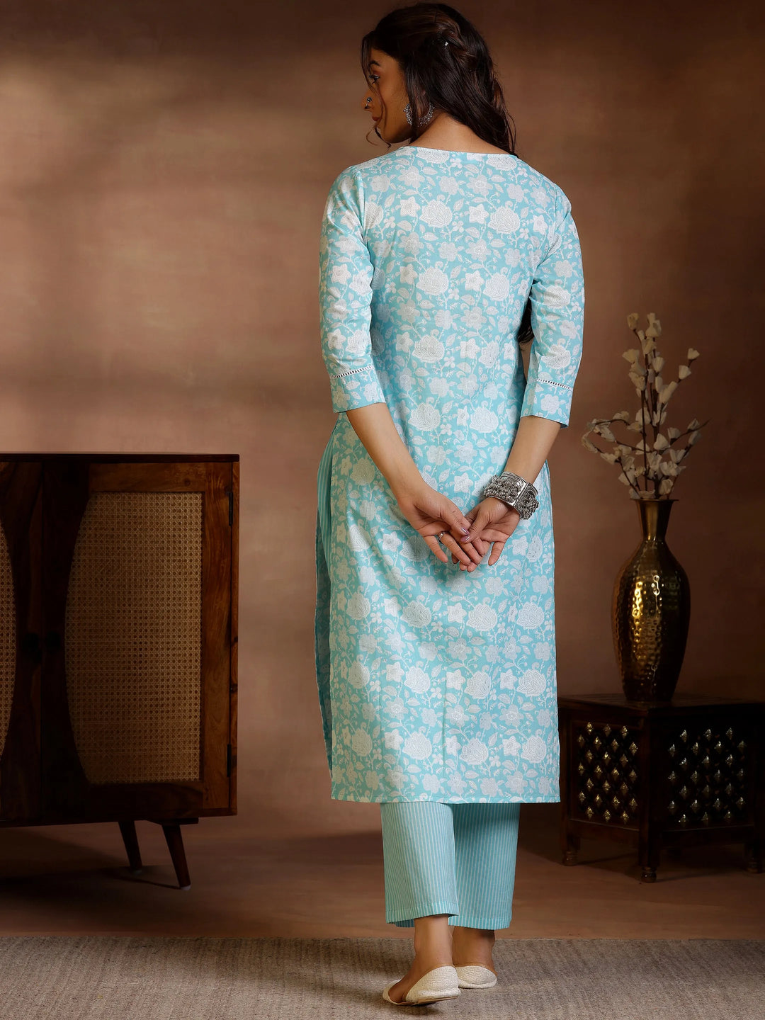  Blue Printed Cotton Straight Kurta Set 
