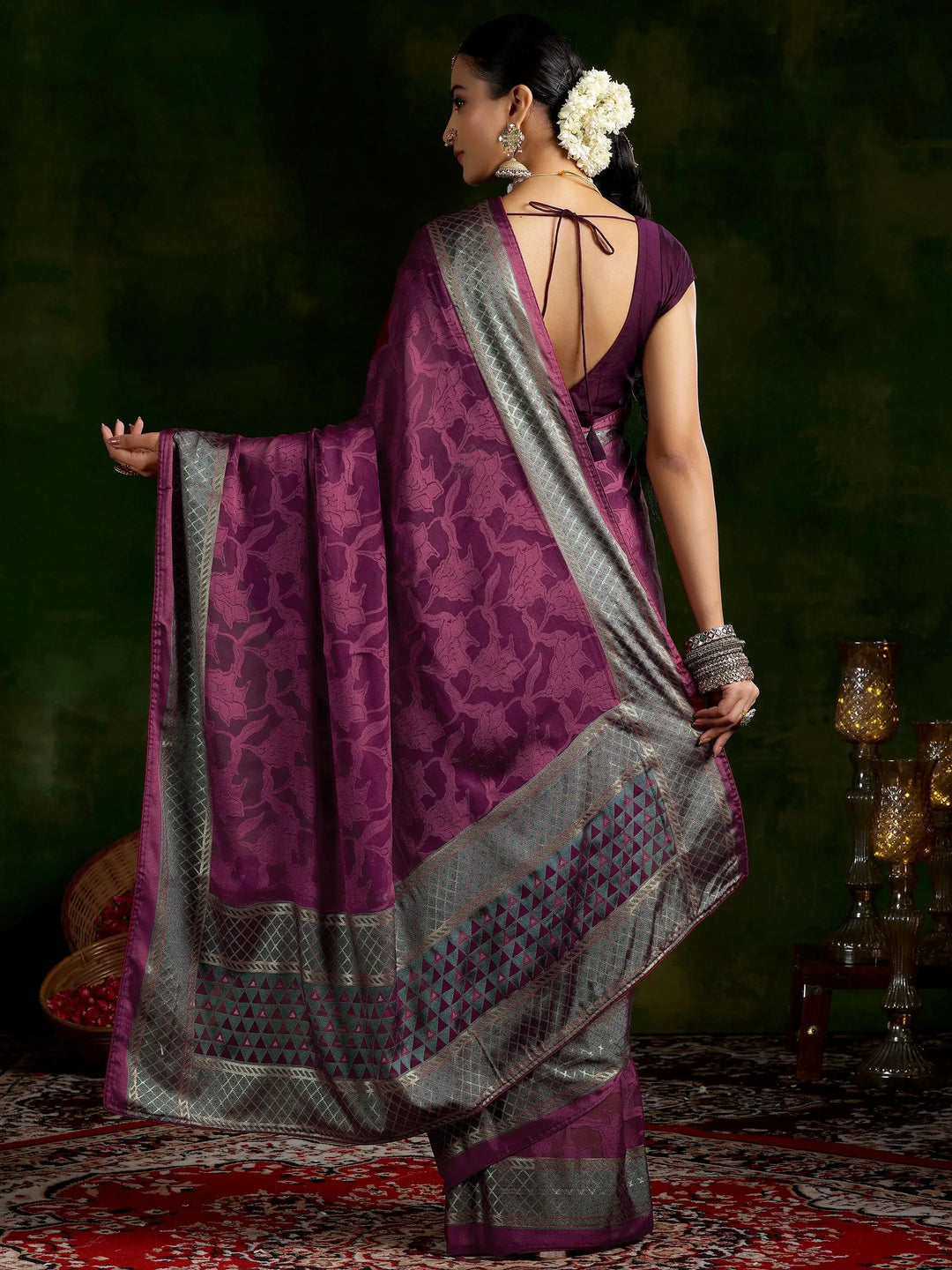 Wine Printed Silk Blend Saree With Unstitched Blouse Piece 