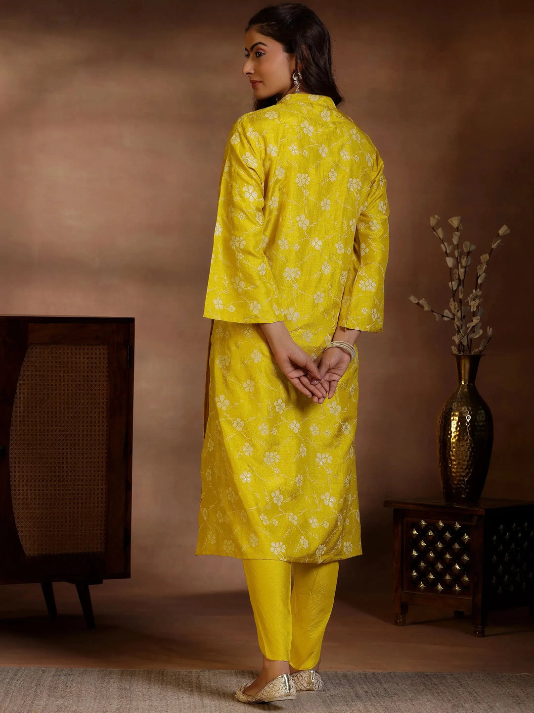  Mustard Printed Silk Blend Straight Kurta Set 
