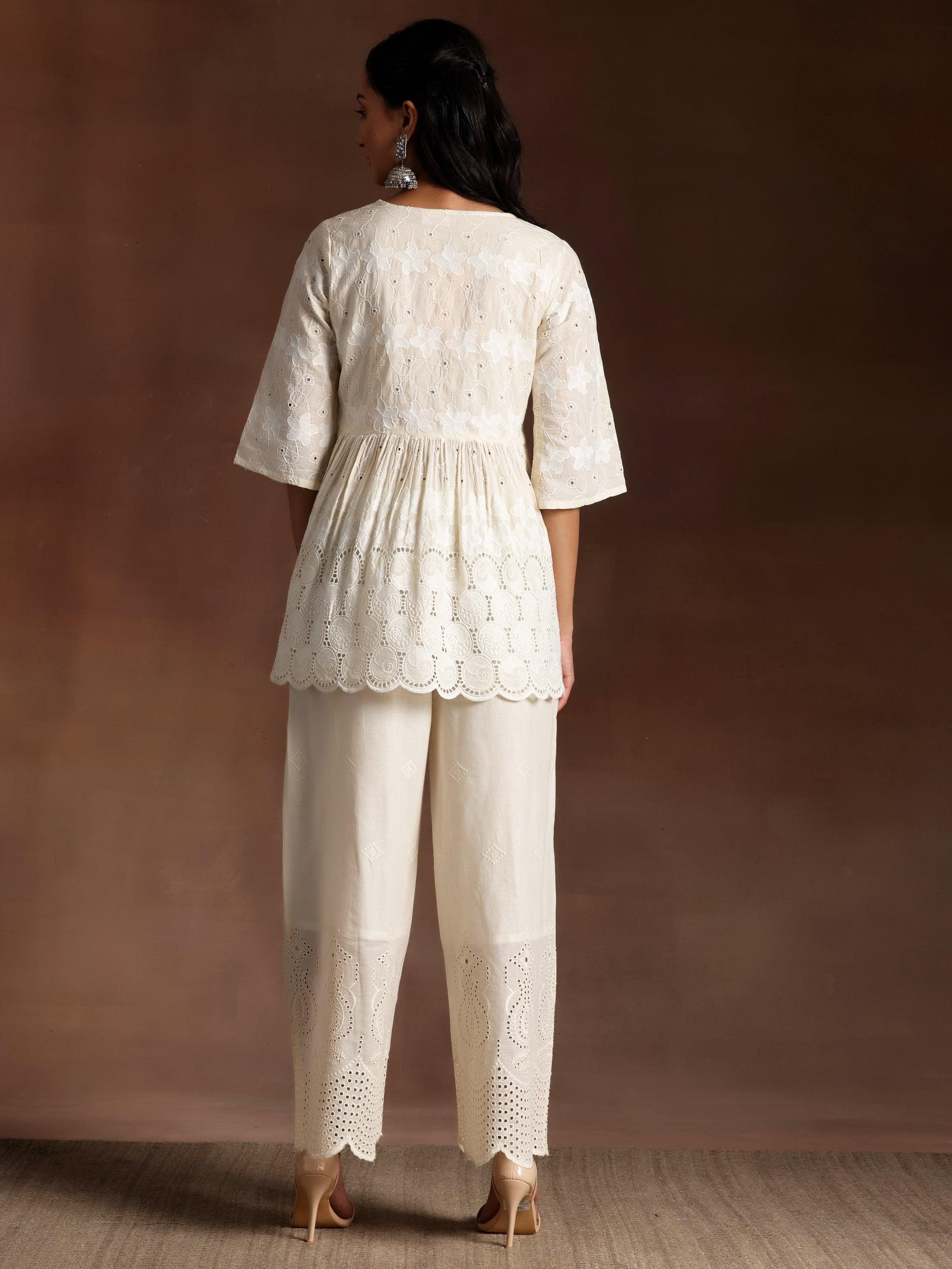 Zoya Off White Embroidered Cotton A-Line Kurti
