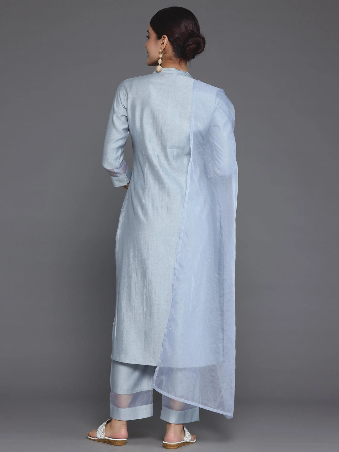 Grey Solid Silk Blend Straight Suit With Dupatta - Libas 