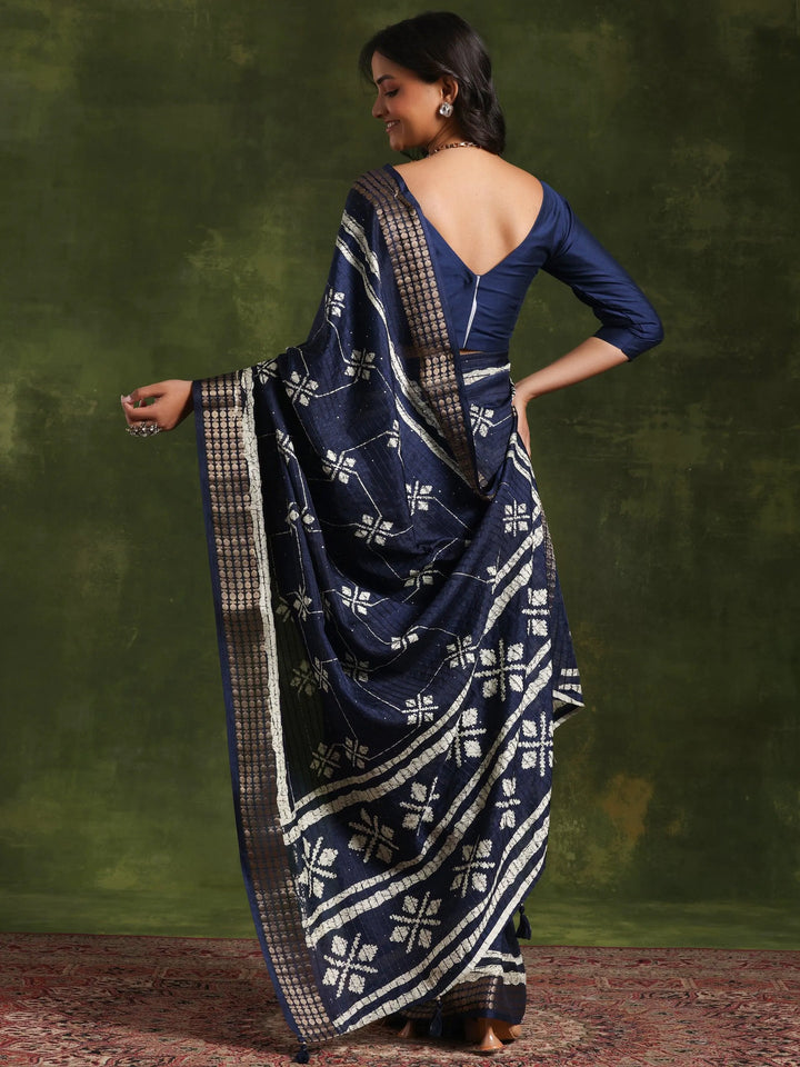 Blue Printed Silk Blend Saree With Unstitched Blouse Piece - Libas