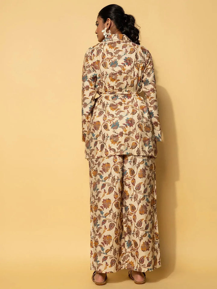 Beige Printed Silk Blend Co-Ords - Libas
