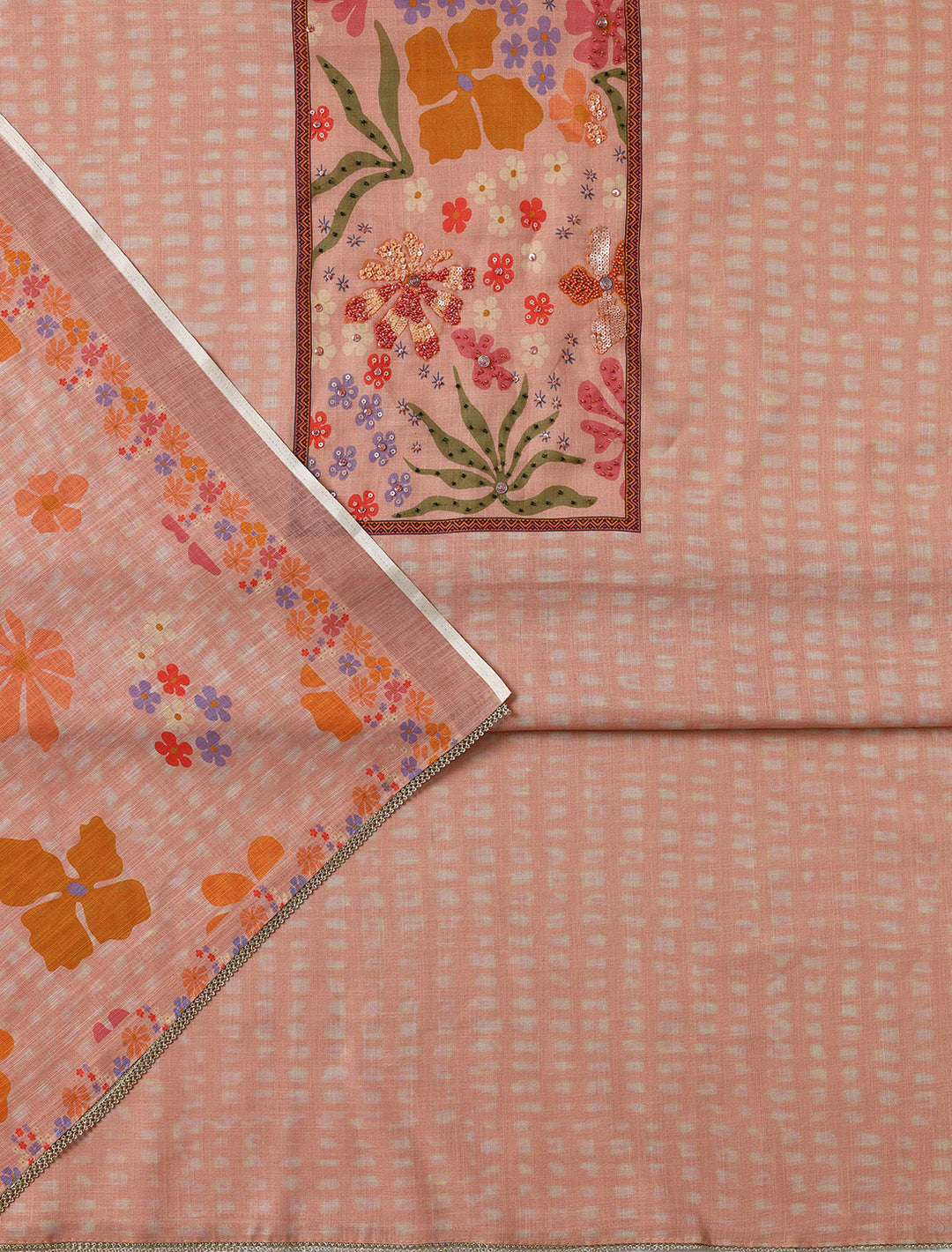  Peach Printed Cotton Blend Dress Material With Dupatta 