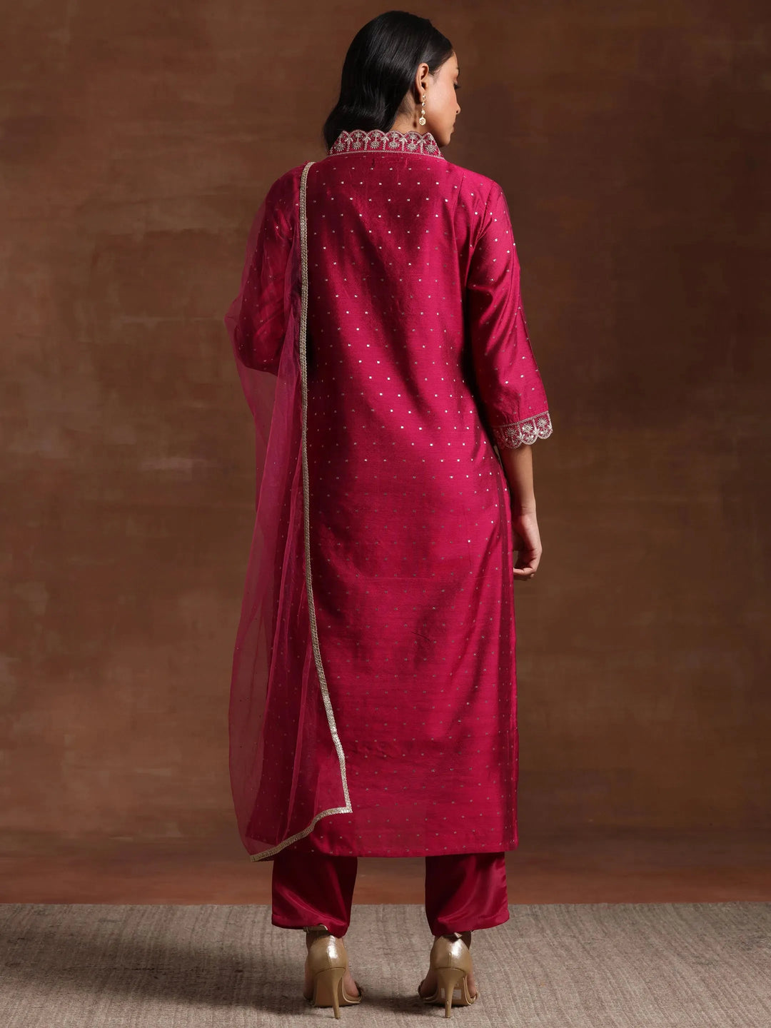  Pink Self Design Silk Blend Straight Suit With Dupatta 