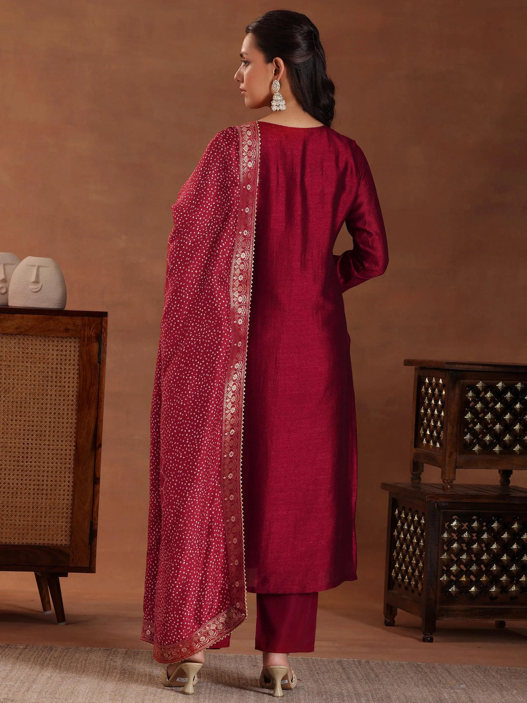 Maroon Embroidered Silk Blend Straight Suit With Dupatta - Libas 