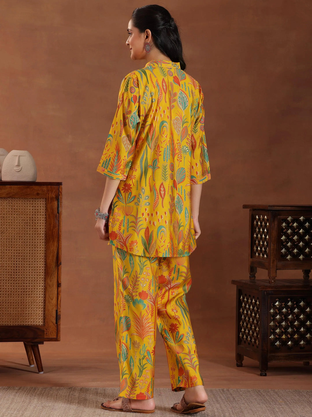 Yellow Printed Silk Blend Co-Ords - Libas 