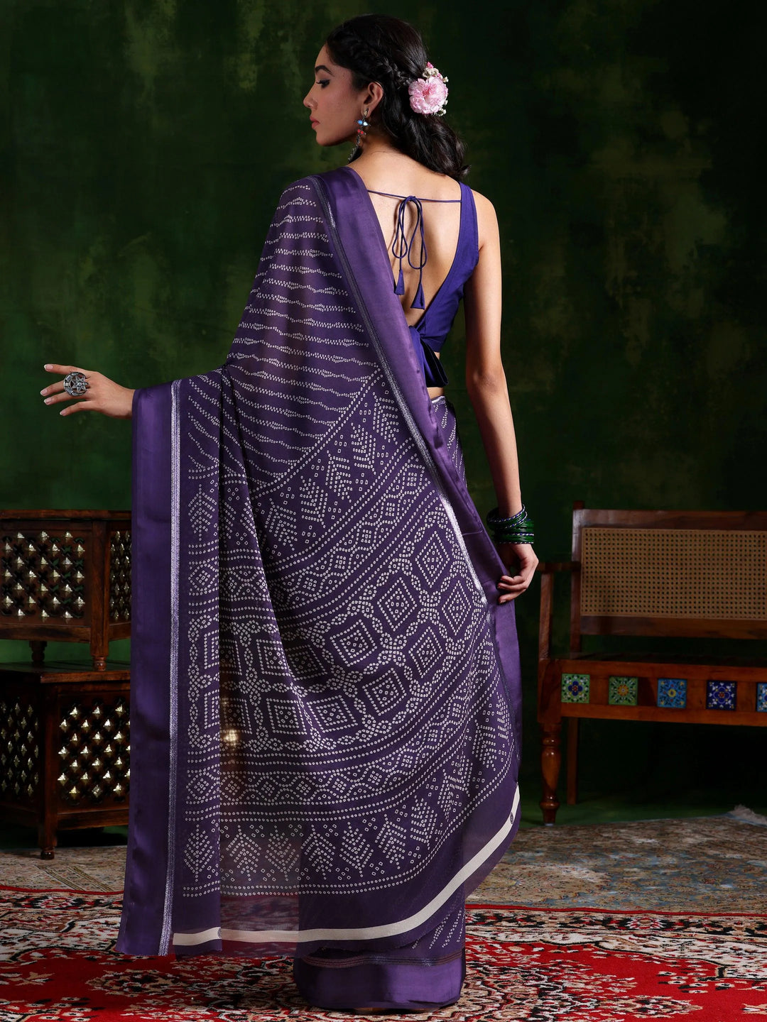 Purple Printed Satin Saree With Unstitched Blouse Piece - Libas 