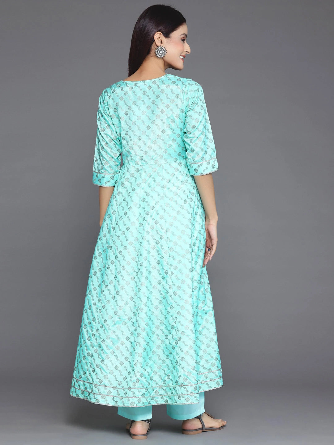 Blue Printed Silk Blend A-Line Kurta With Palazzos - Libas 