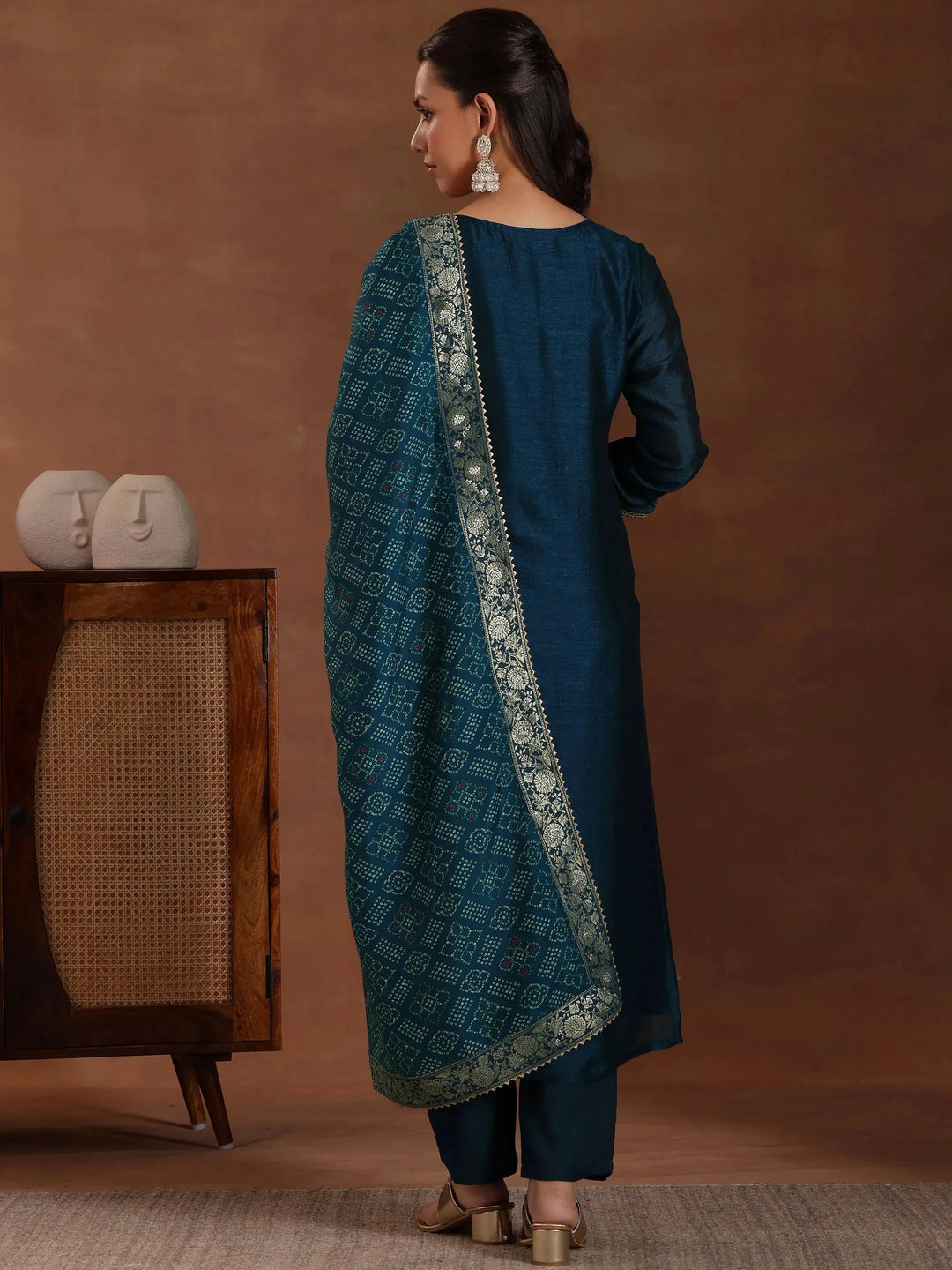  Teal Embroidered Silk Blend Straight Suit With Dupatta 