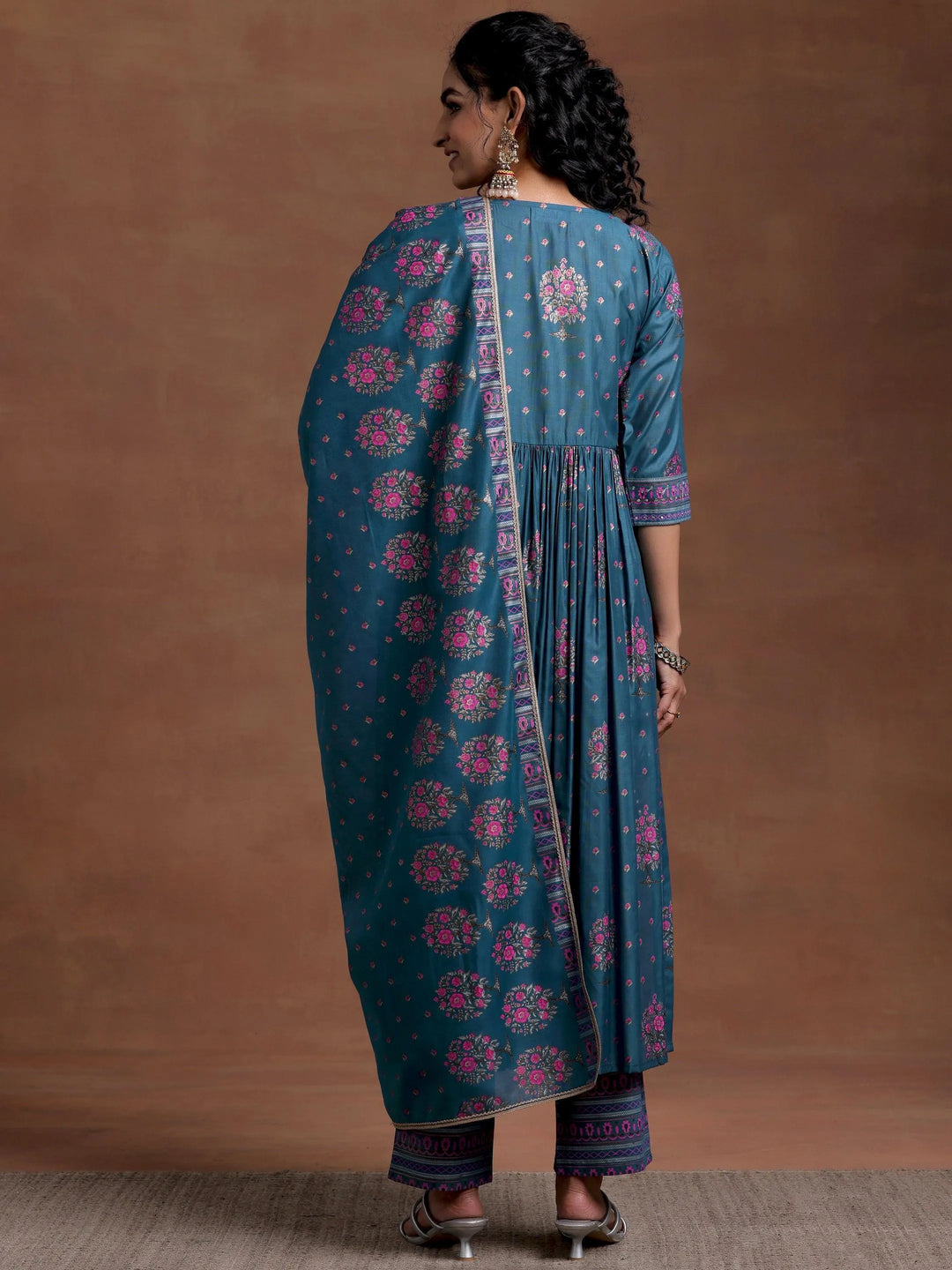 Blue Printed Silk Blend A-Line Kurta With Palazzos & Dupatta - Libas 