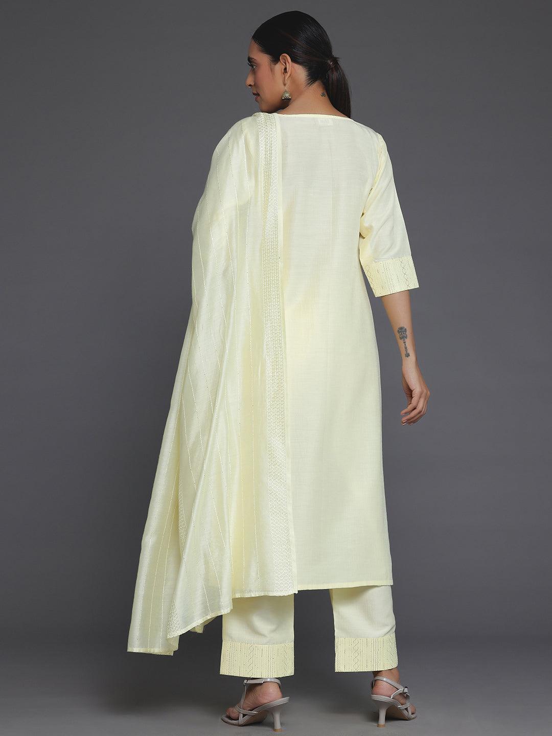 Yellow Self Design Silk Blend Straight Suit With Dupatta - Libas