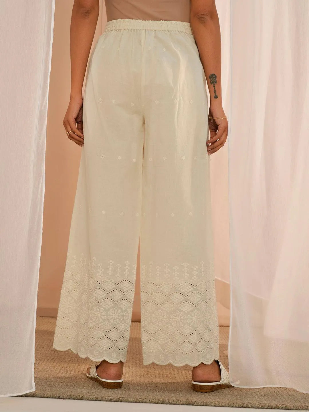 Off White Embroidered Cotton Wide Leg Palazzos - Libas 