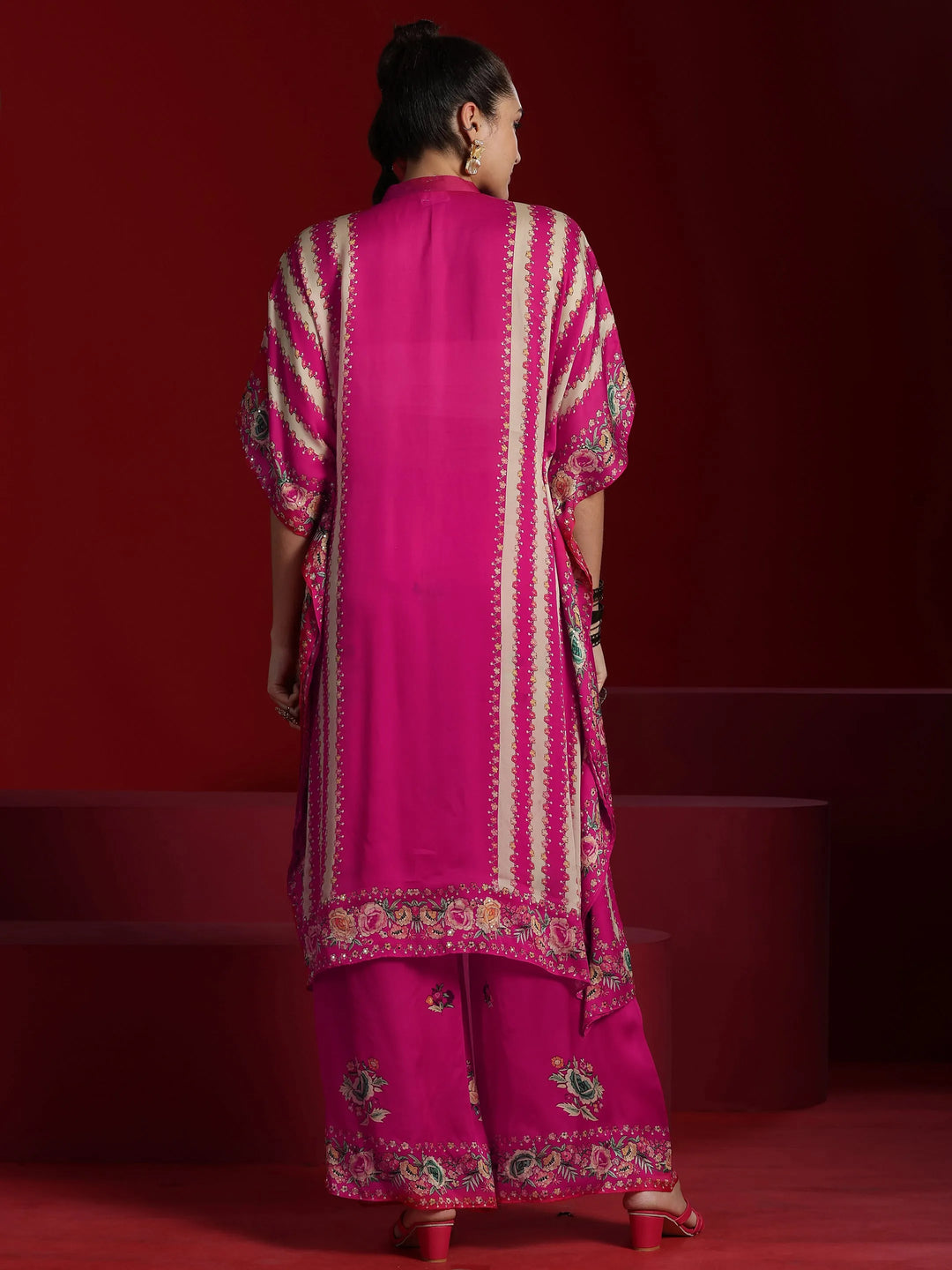  Libas Art Pink Printed Silk Blend Kaftan Kurta With Palazzo 