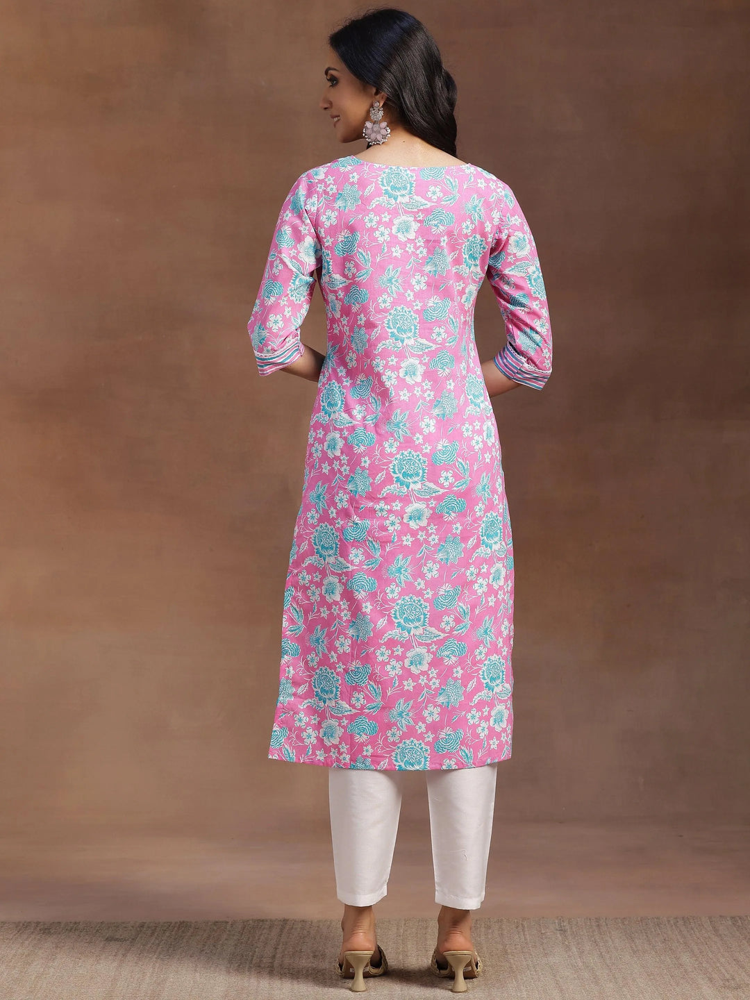 Pink Printed Cotton Straight Kurta - Libas