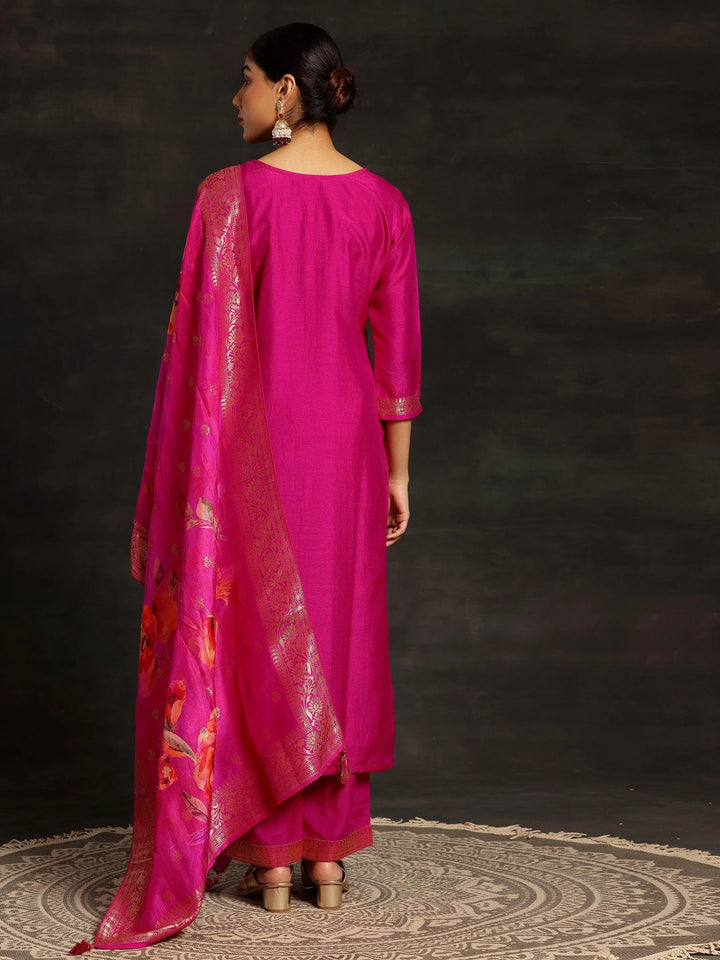 Pink Woven Design Silk Blend Straight Suit With Dupatta - Libas