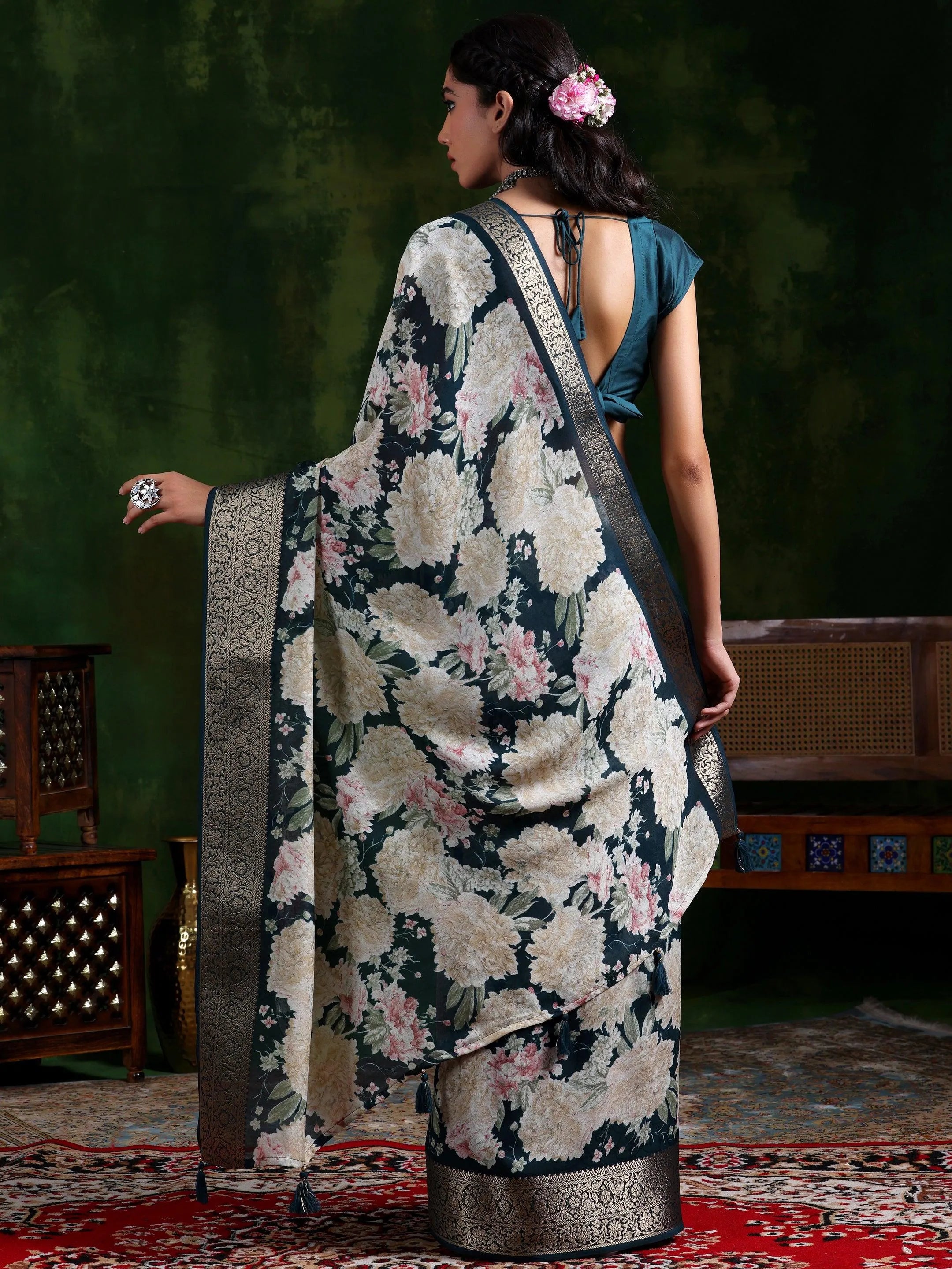 Teal Printed Silk Blend Saree With Unstitched Blouse Piece main image 0