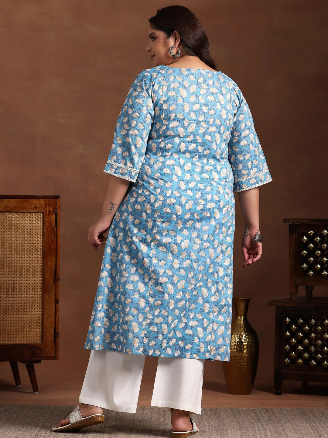 Plus Size Blue Printed Cotton A-Line Kurta - Libas 