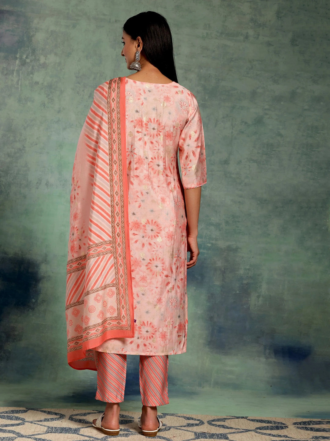 Peach Printed Silk Blend Straight Suit With Dupatta - Libas 