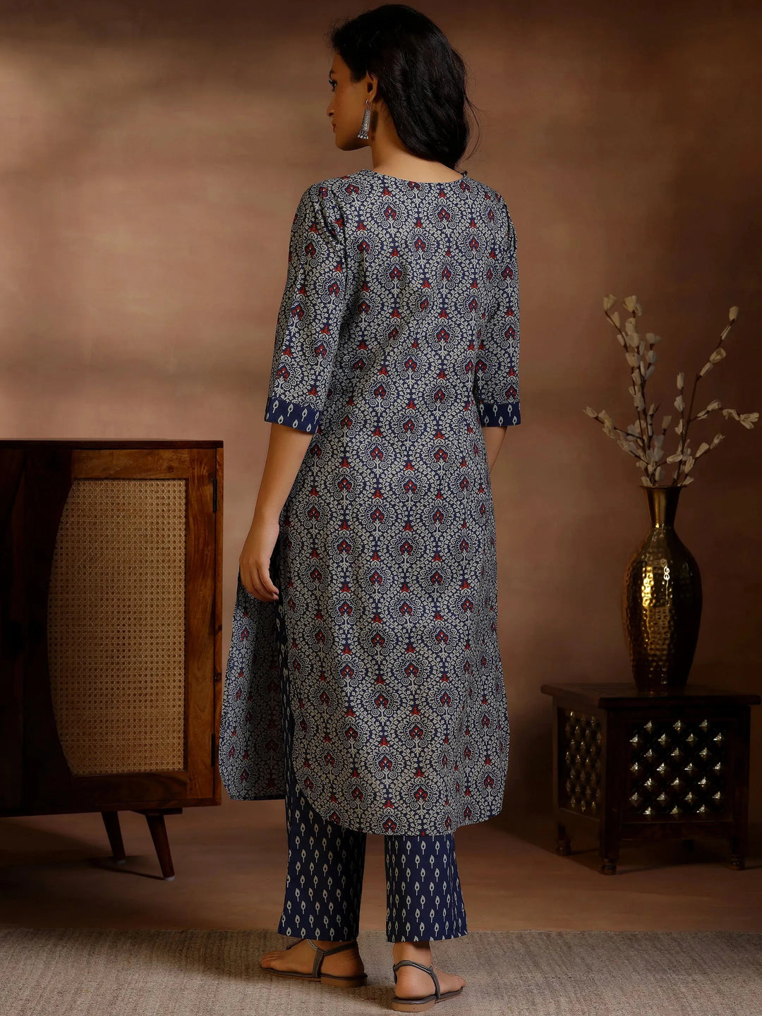  Blue Printed Cotton Straight Kurta Set 