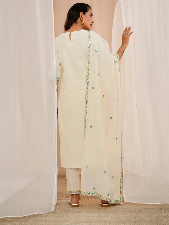 Off White Yoke Design Cotton Straight Suit With Dupatta - Libas