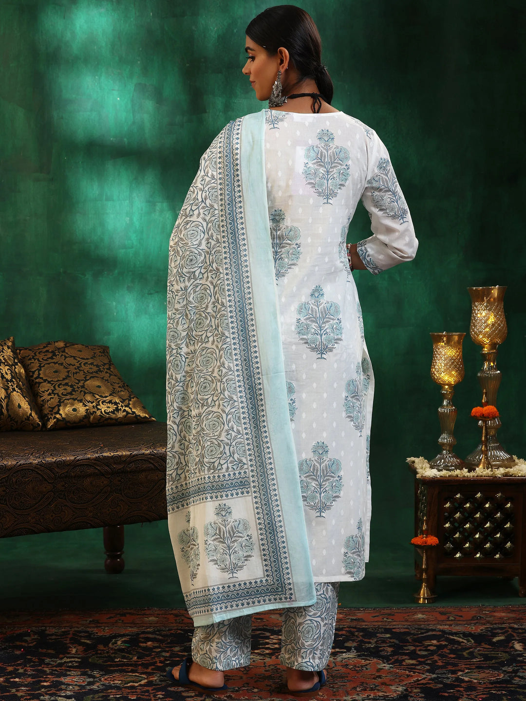  Off White Printed Cotton Straight Suit With Dupatta 