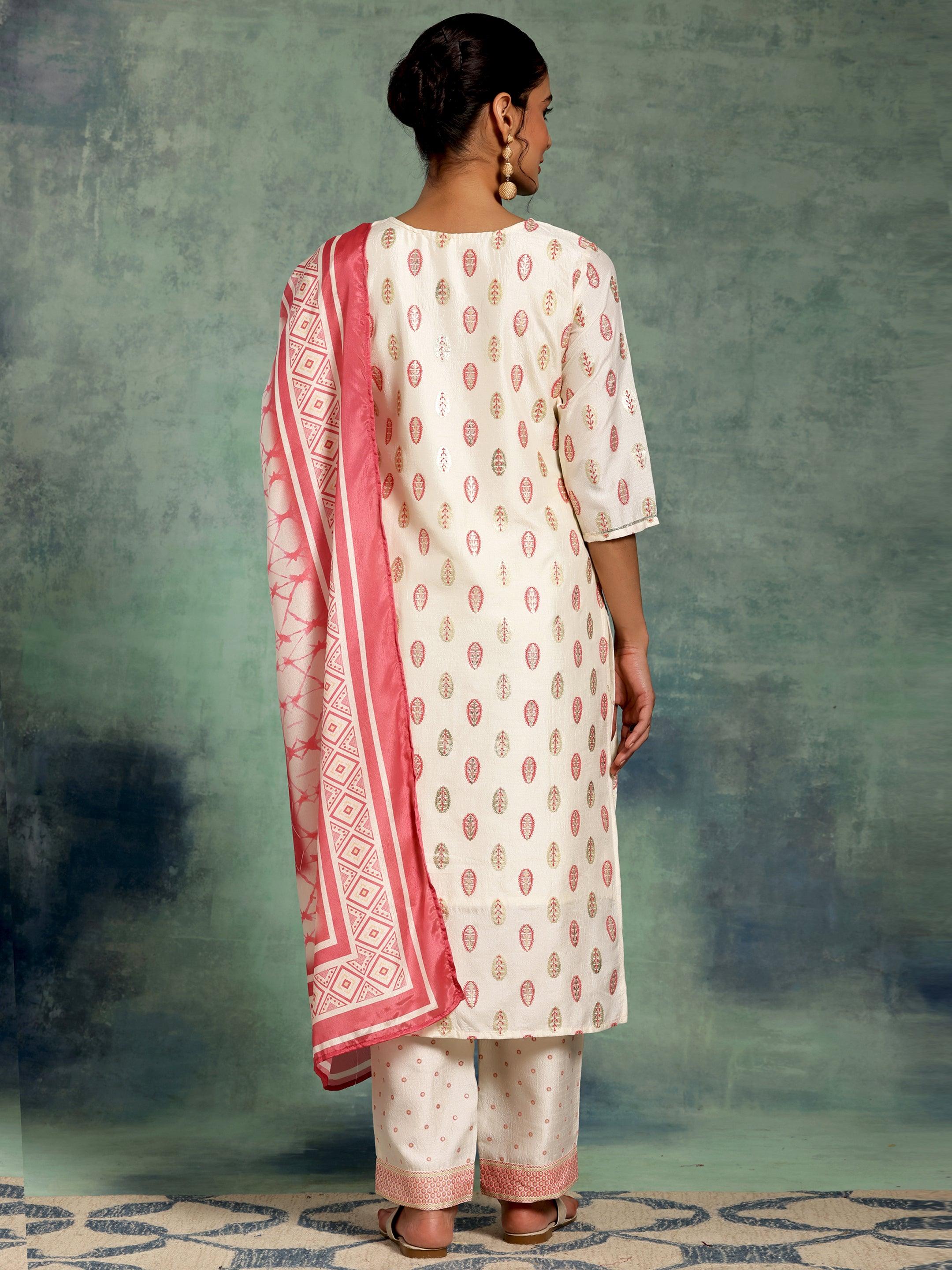 Off White Printed Silk Blend Straight Suit With Dupatta