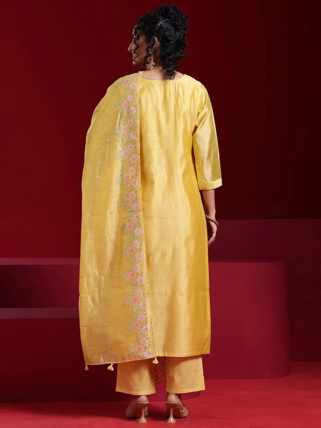  Libas Art Yellow Embroidered Chanderi Silk Straight Suit With Dupatta 
