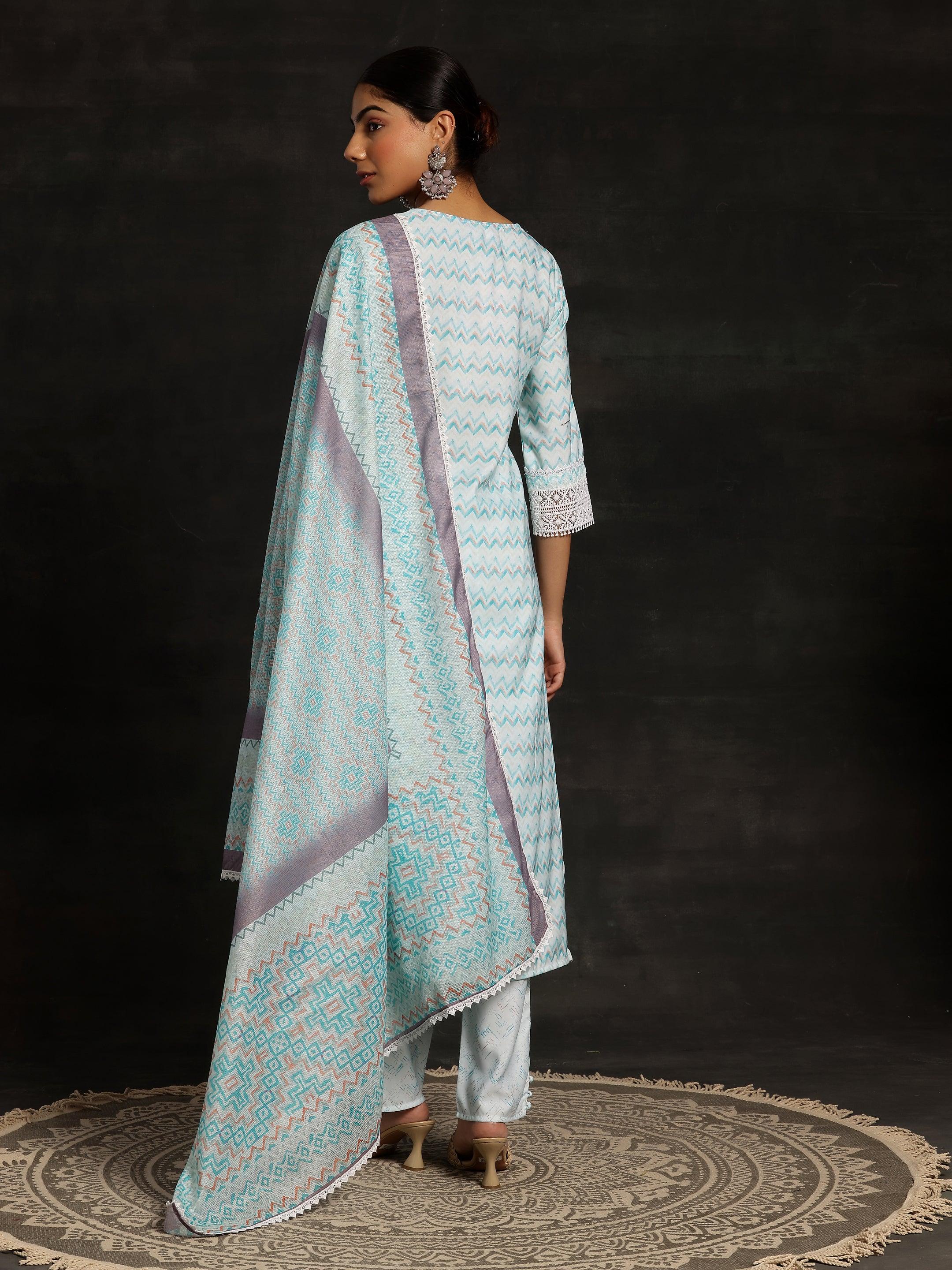 Blue Embroidered Cotton Straight Suit With Dupatta