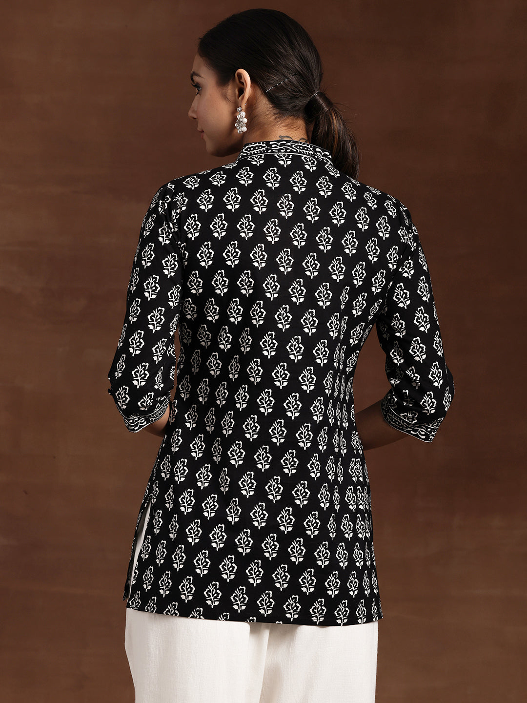  Black Printed Cotton Straight Short Kurti 