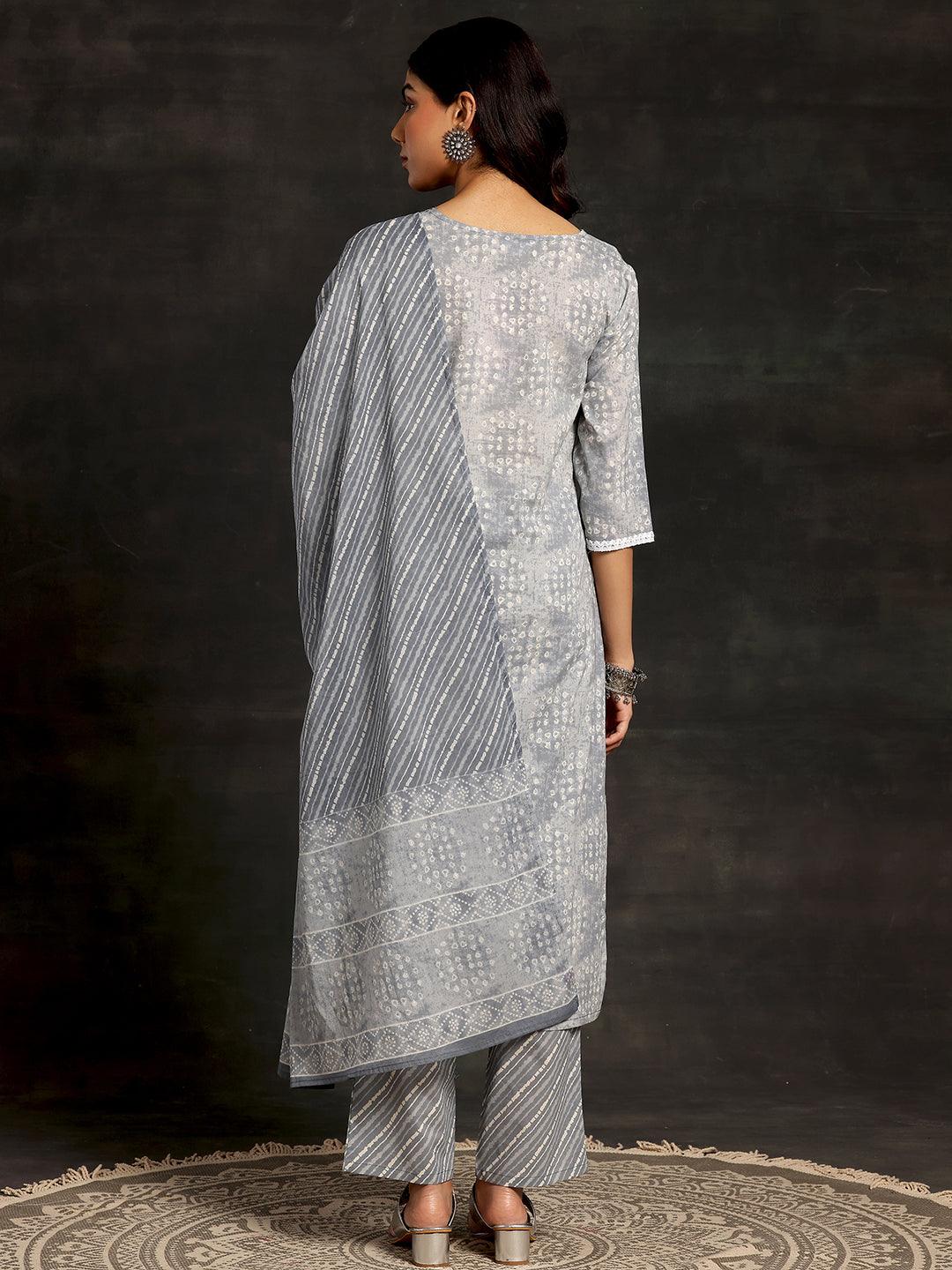 Grey Printed Cotton Straight Suit With Dupatta - Libas