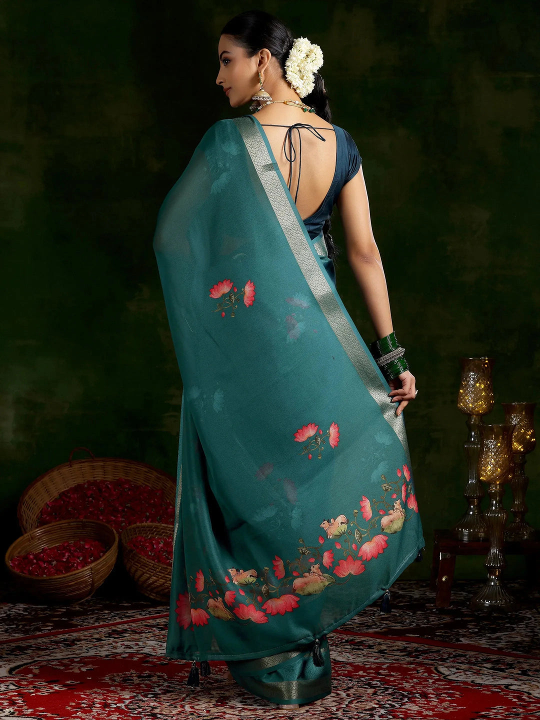  Green Printed Silk Blend Saree With Unstitched Blouse Piece 