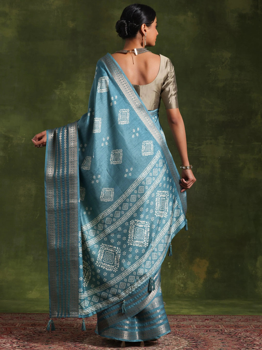 Blue Printed Silk Blend Saree With Unstitched Blouse Piece - Libas 