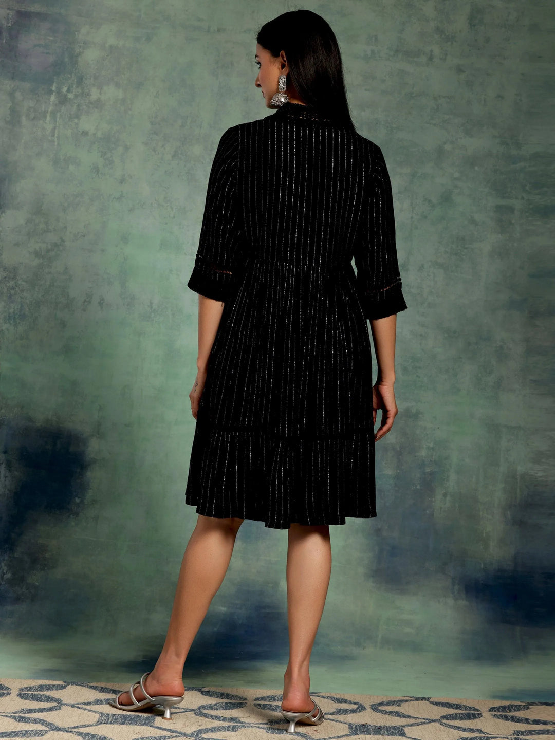 Black Self Design Rayon Fit and Flare Dress - Libas 