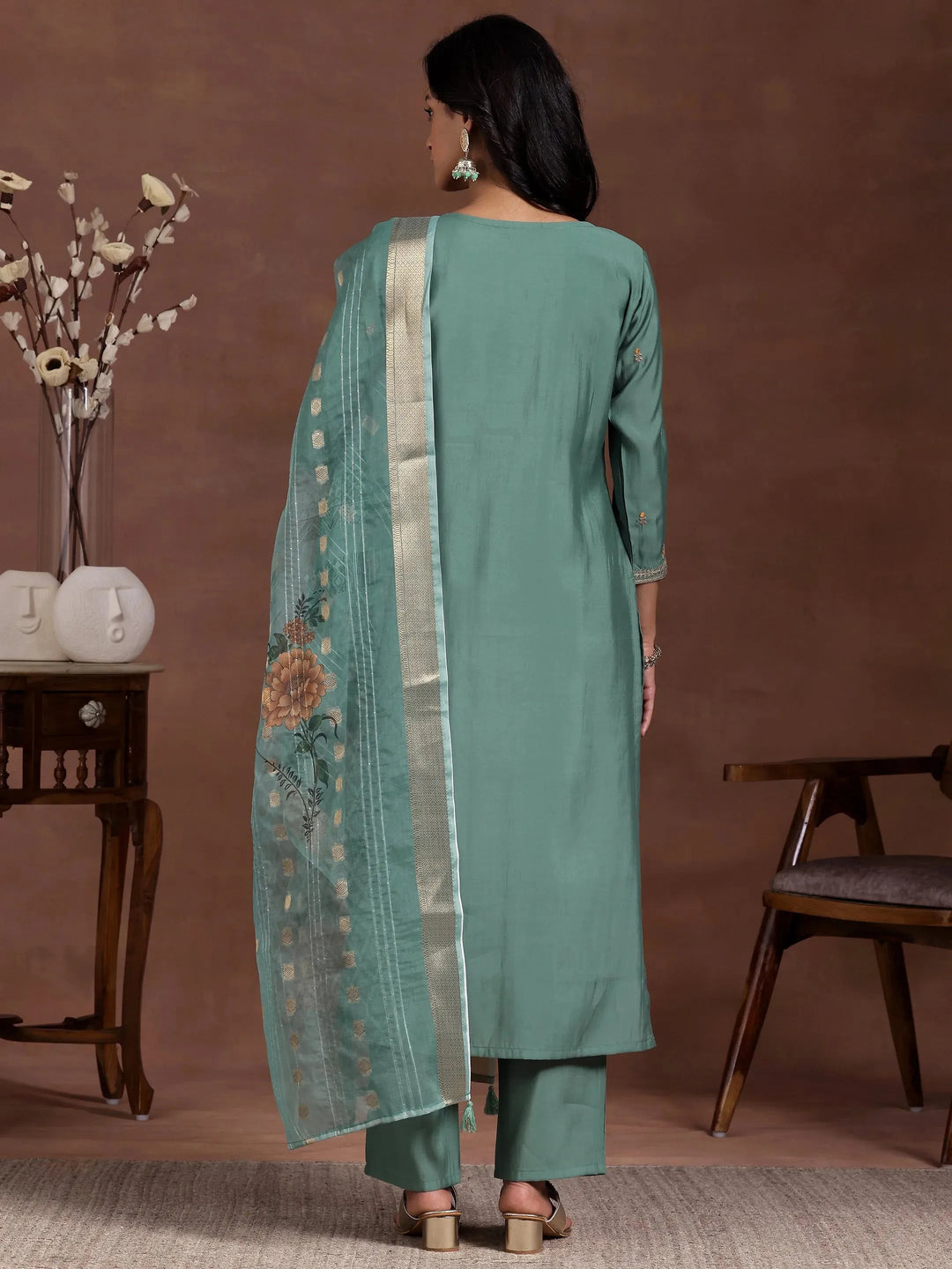  Green Embroidered Silk Blend Straight Suit With Dupatta 