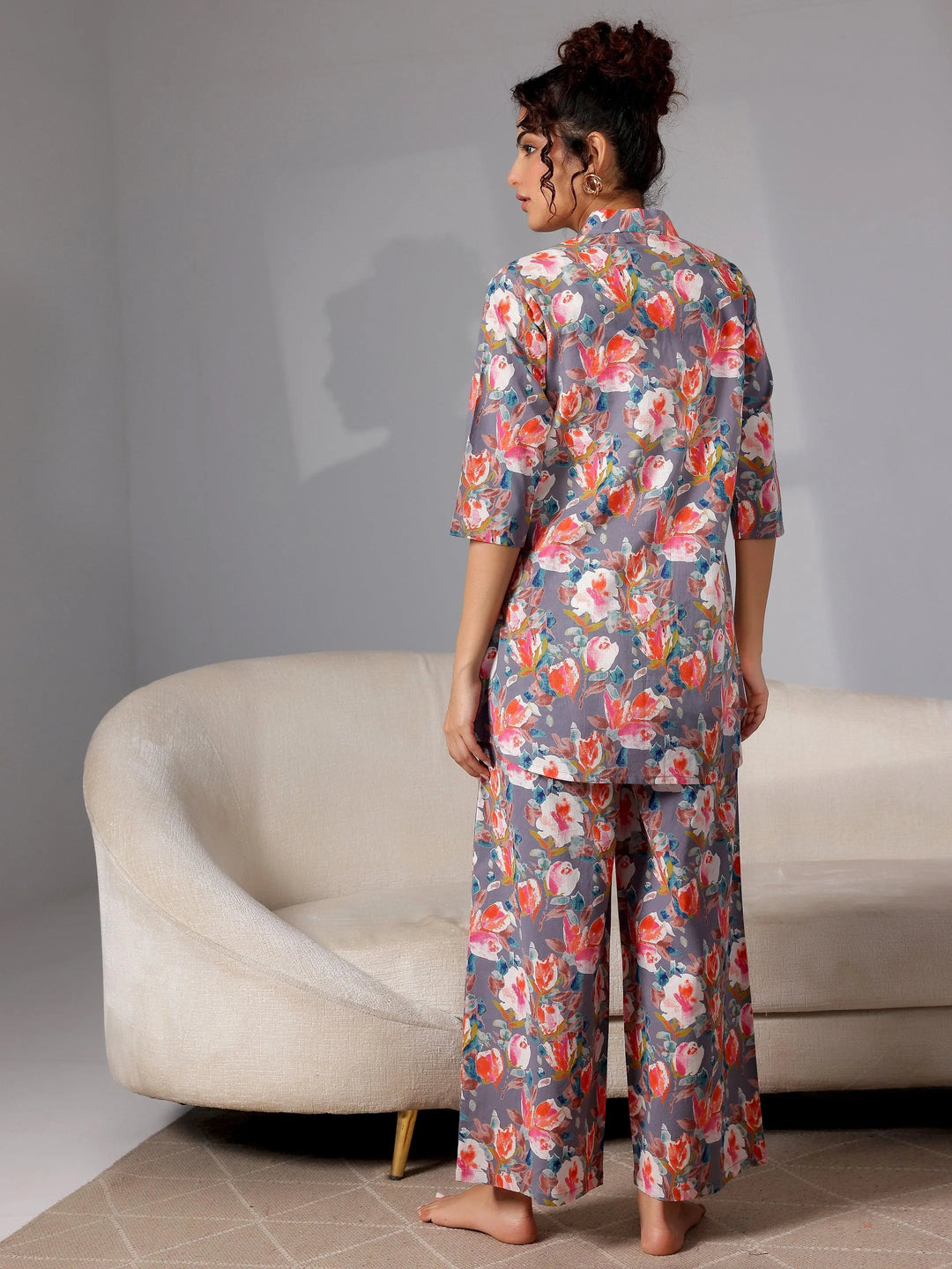Grey Printed Cotton Night Suits - Libas 