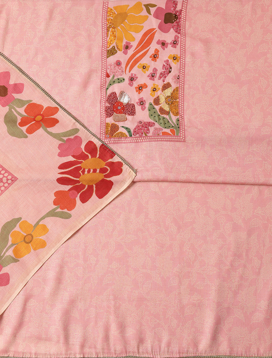  Pink Printed Cotton Blend Dress Material With Dupatta 