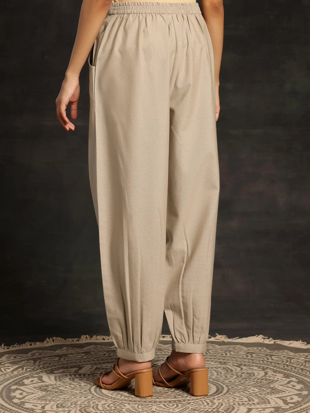 Beige Solid Cotton Salwar - Libas 