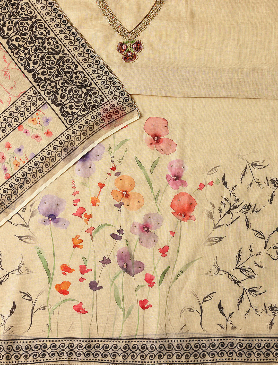  Beige Printed Cotton Blend Dress Material With Dupatta 