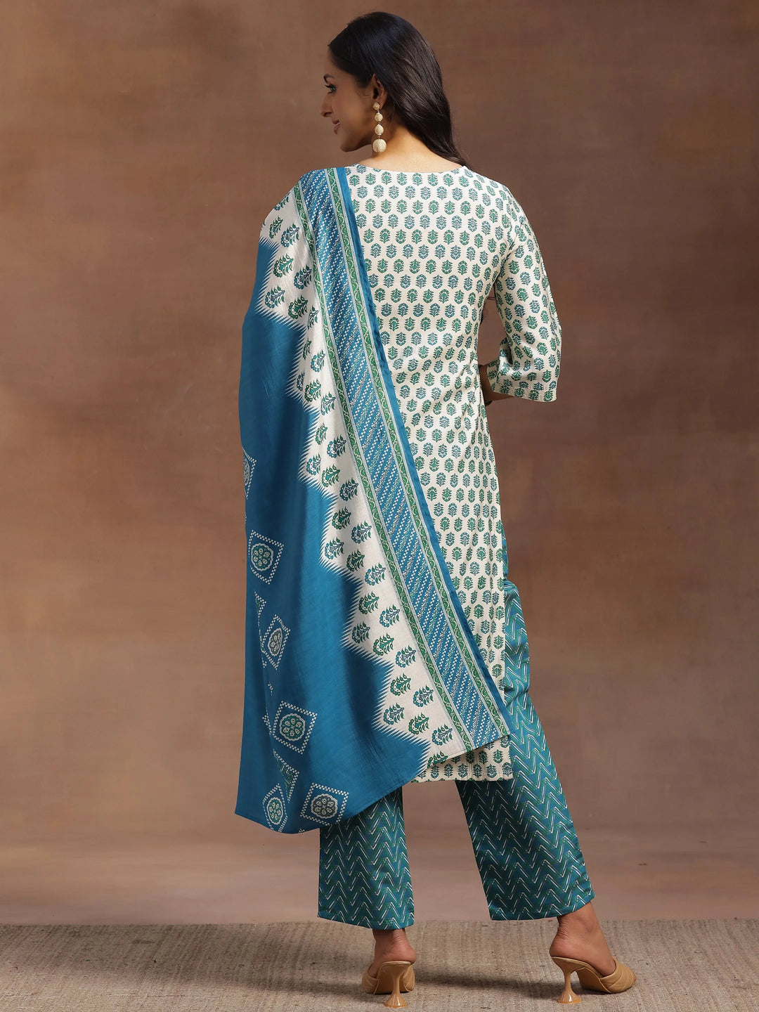  Beige Printed Silk Blend Straight Suit With Dupatta 