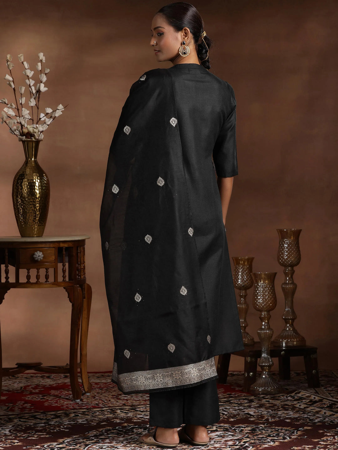  Black Solid Cotton Blend Straight Suit With Dupatta 