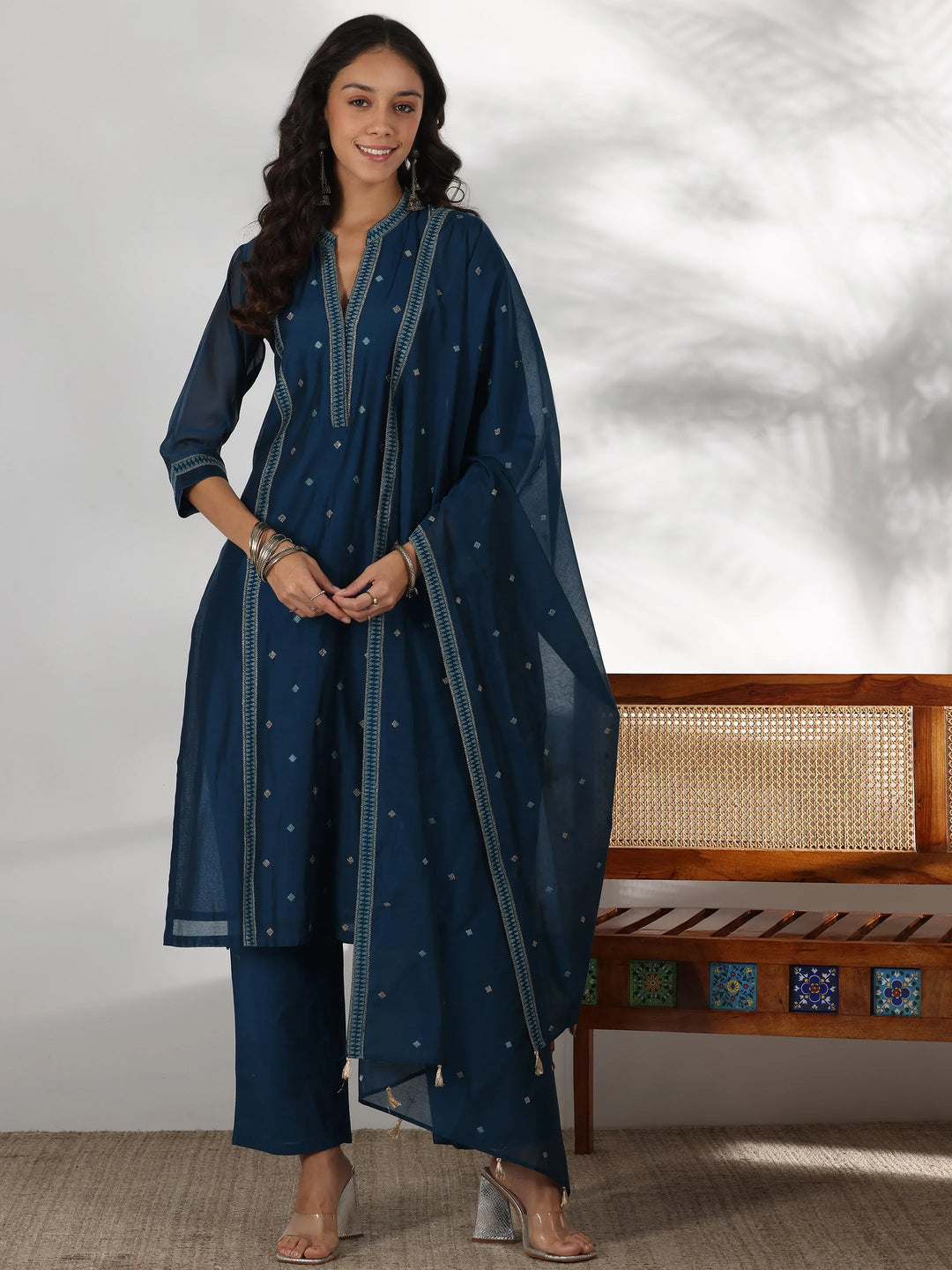 Teal Woven Design Chanderi Silk Straight Suit With Dupatta 