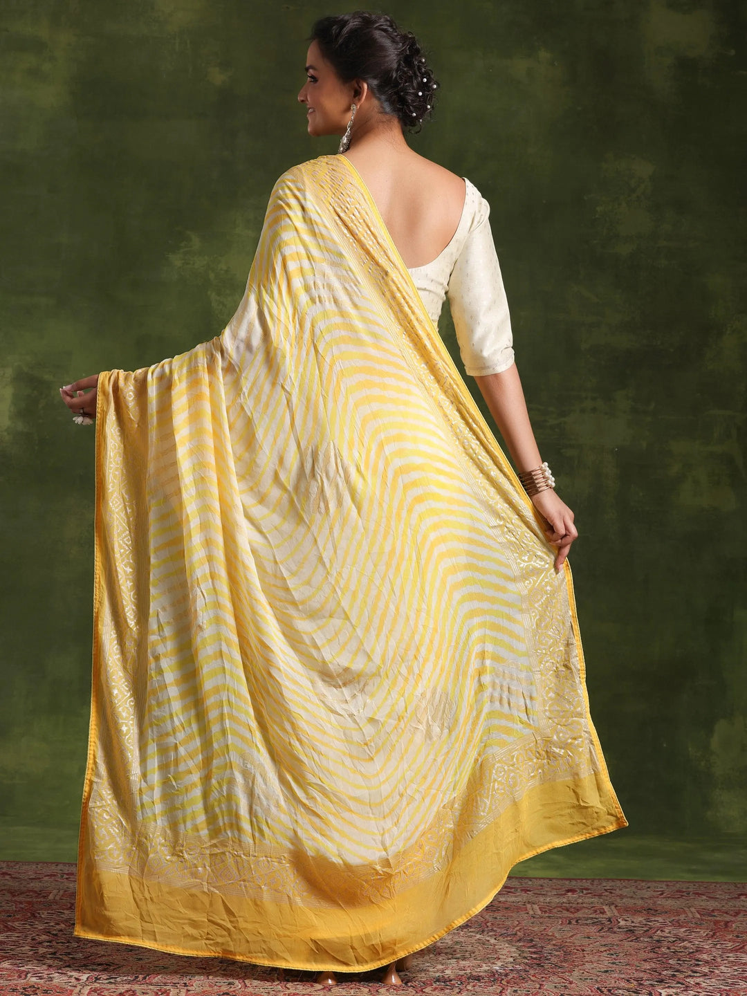 Yellow Printed Poly Georgette Saree With Unstitched Blouse Piece - Libas