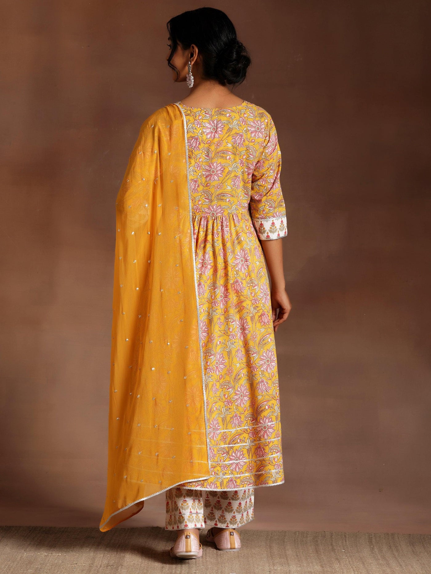 Yellow Printed Cotton Anarkali Suit With Dupatta - Libas