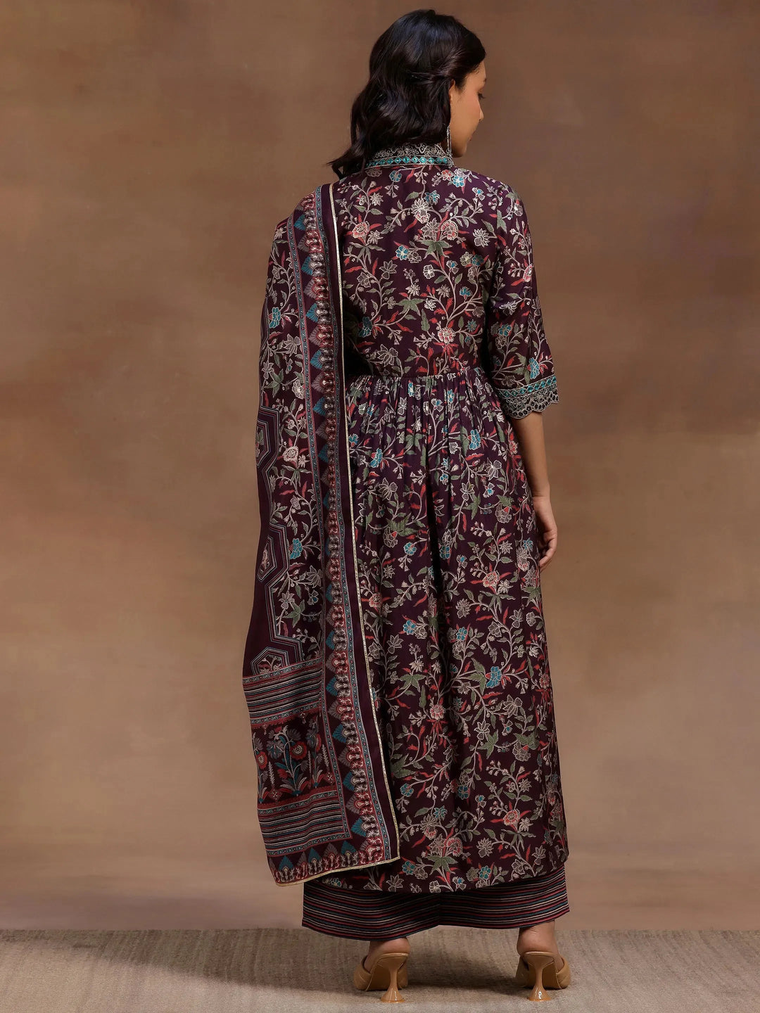  Burgundy Printed Silk Blend A-Line Kurta With Palazzos & Dupatta 