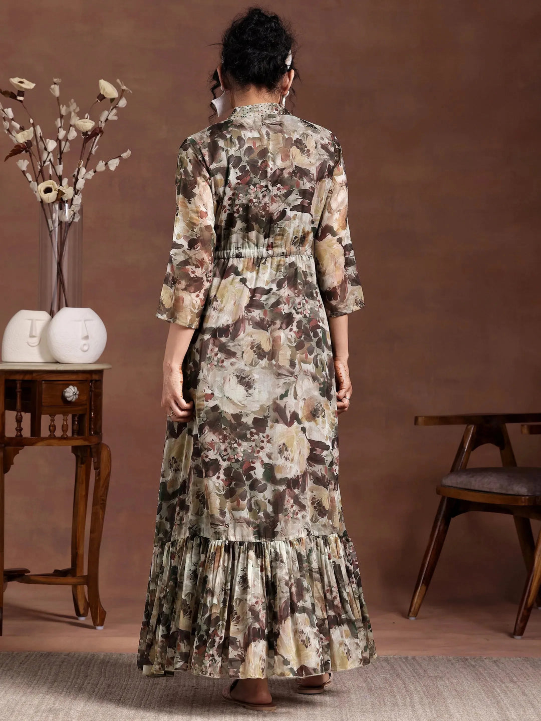  Green Printed Chiffon A-Line Dress With Belt 