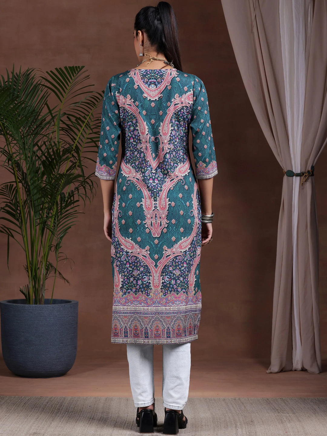  Blue Printed Crepe Straight Kurta 