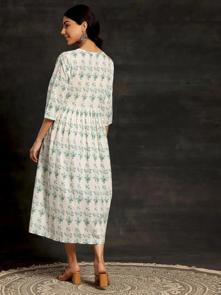 White Printed Cotton A-Line Dress - Libas