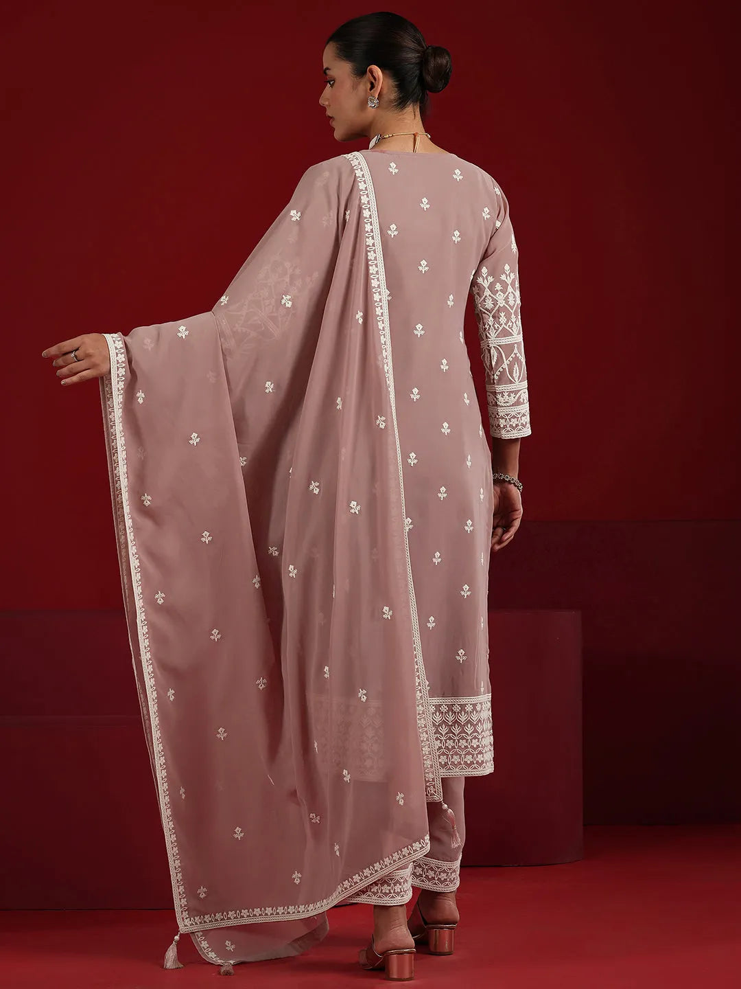  Libas Art Pink Embroidered Georgette Straight Suit Set With Dupatta 